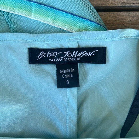 Y2K Betsey Johnson Ribbon Chevron A-Line Dress Black Label Aqua Green Sz 8 FLAW - Picture 12 of 15